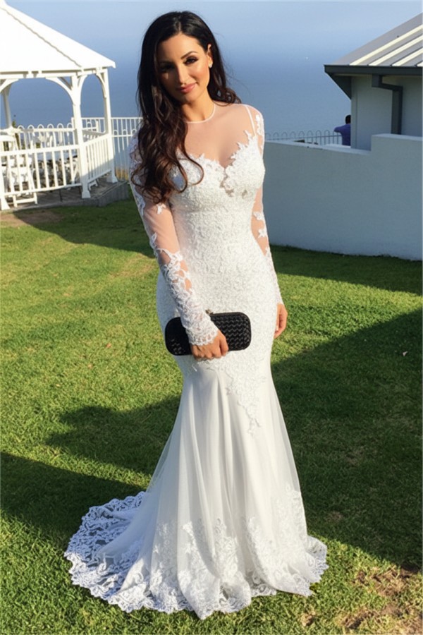 Schwarz Abendkleider Lang Ärmel Spitze Meerjungfrau Abendmoden Partykleider