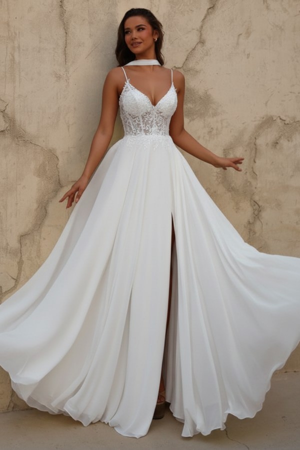 Gelb Abendkleid Lang Chiffon Schlicht Ballkleid mit Spitze