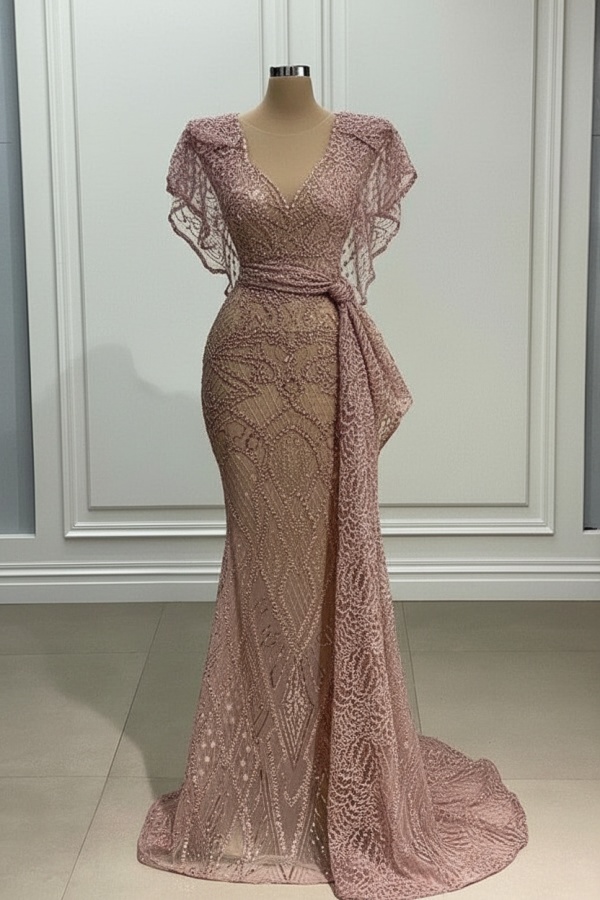 Elegante Abendkleider Lang Gold Spitze Abiballkleider mit Glitzer