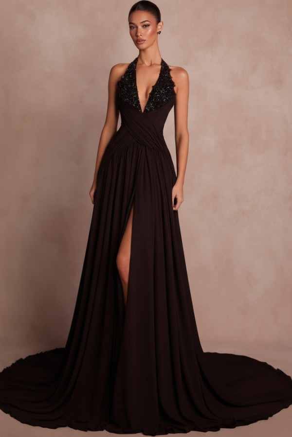 Elegante Abendkleider Lang Braun V Ausschnitt Ballkleider Chiffon