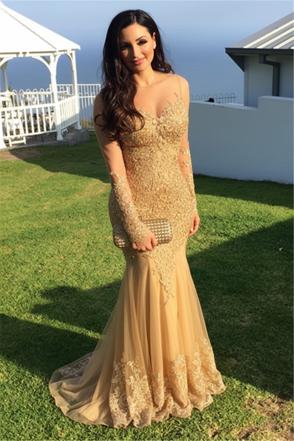 Schwarz Abendkleider Lang Ärmel Spitze Meerjungfrau Abendmoden Partykleider