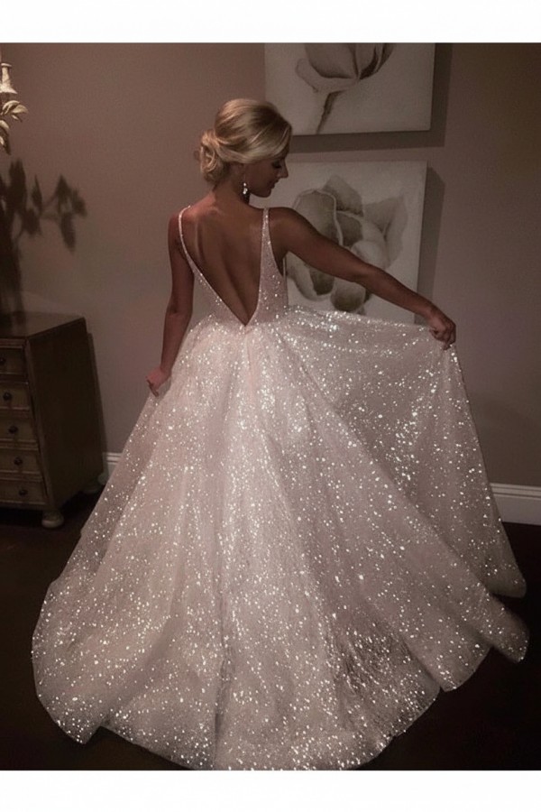 Elegante Abendkleider Lang Weiß Pailletten A Line Abiballkleider Günstig Online