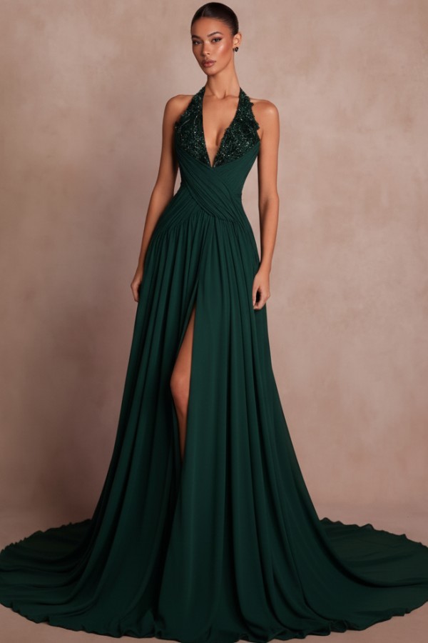 Elegante Abendkleider Lang Braun V Ausschnitt Ballkleider Chiffon