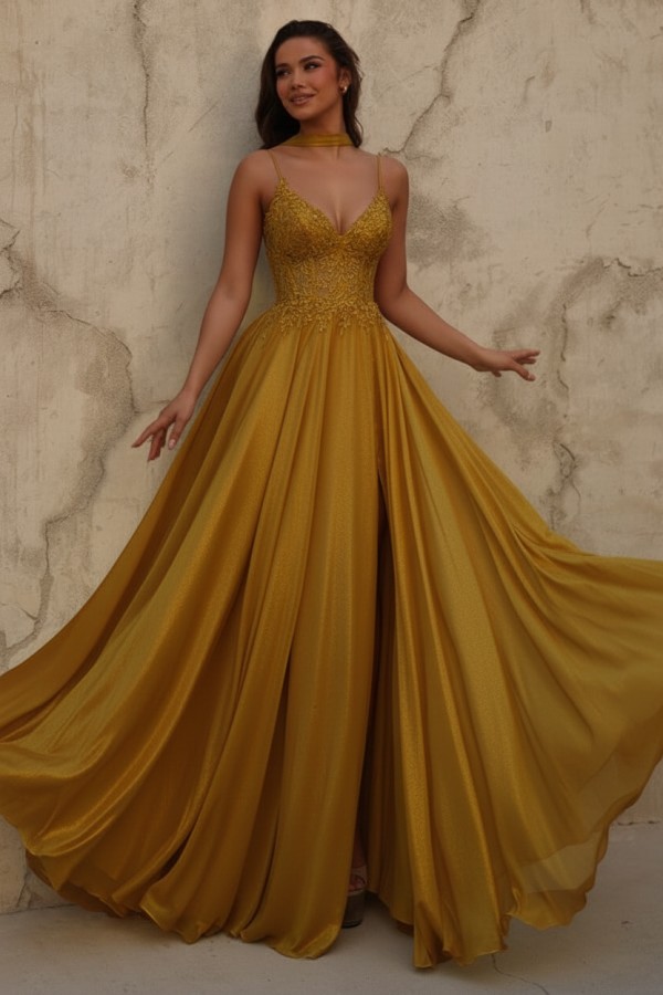 Gelb Abendkleid Lang Chiffon Schlicht Ballkleid mit Spitze
