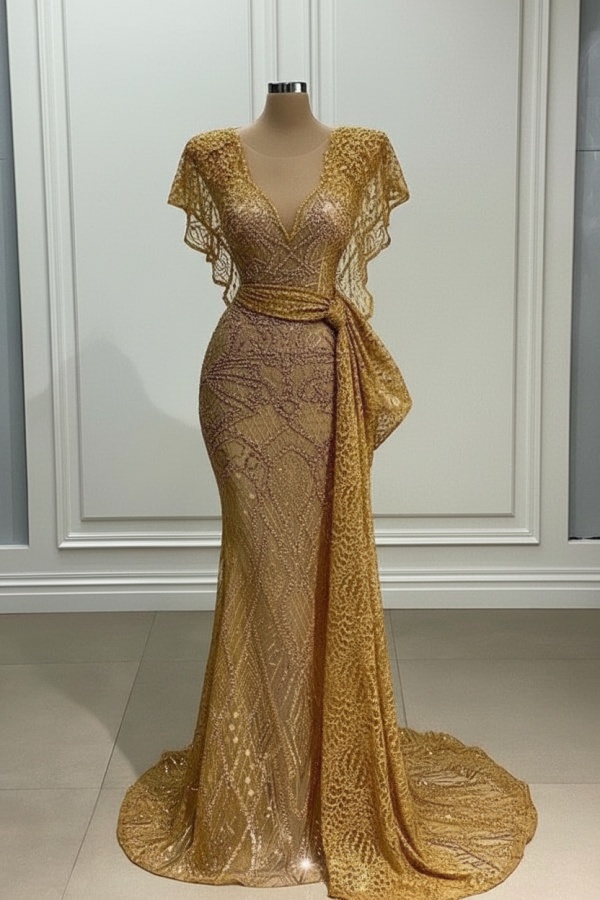Elegante Abendkleider Lang Gold Spitze Abiballkleider mit Glitzer