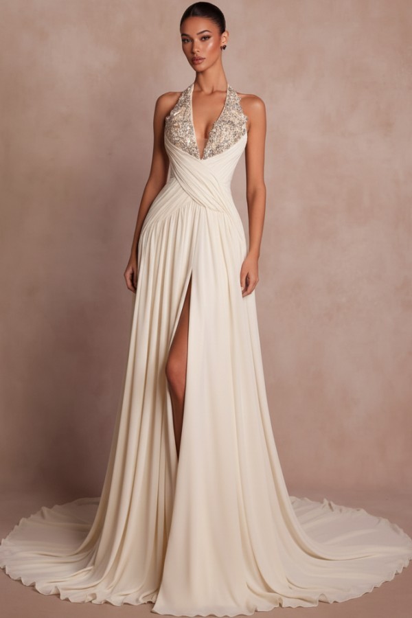 Elegante Abendkleider Lang Braun V Ausschnitt Ballkleider Chiffon