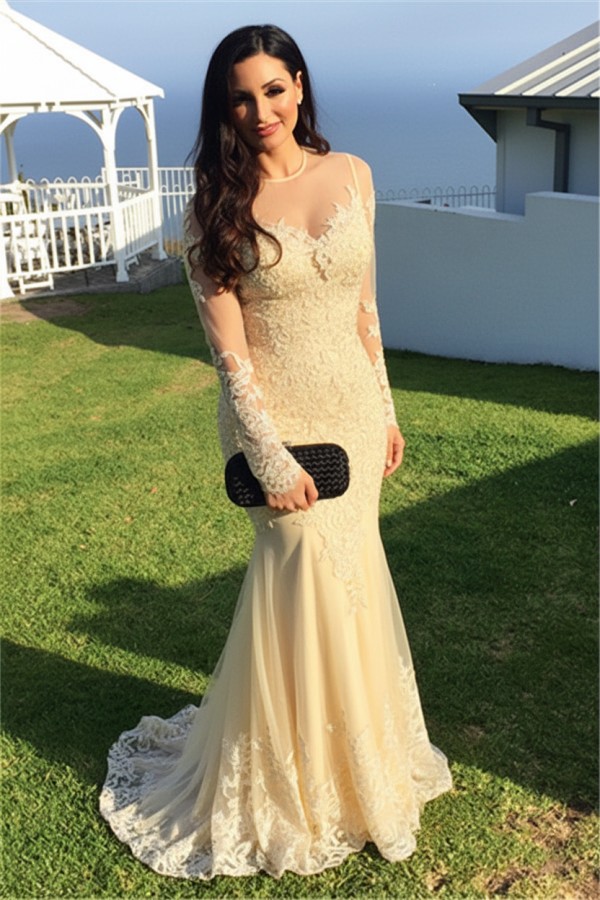 Schwarz Abendkleider Lang Ärmel Spitze Meerjungfrau Abendmoden Partykleider