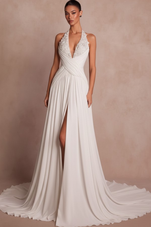 Elegante Abendkleider Lang Braun V Ausschnitt Ballkleider Chiffon