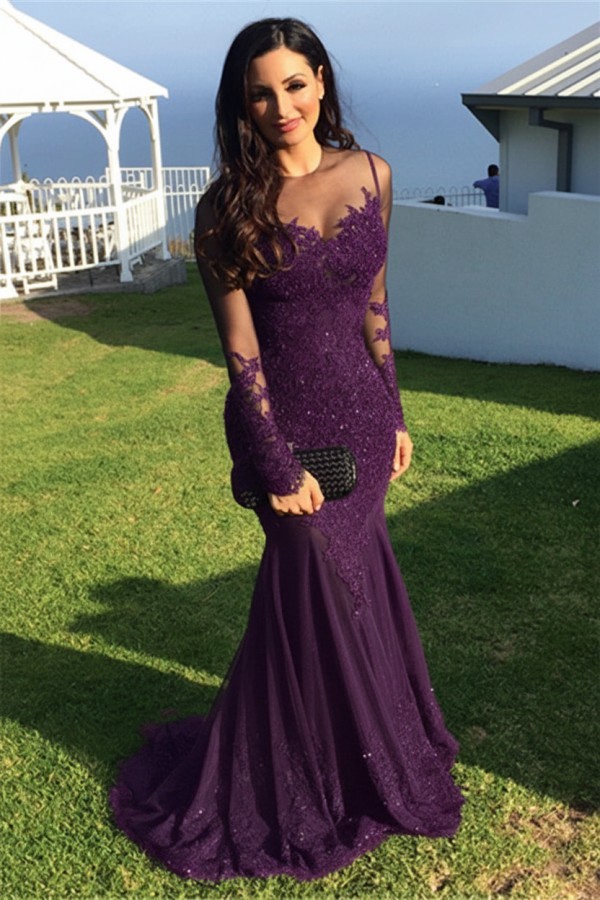 Schwarz Abendkleider Lang Ärmel Spitze Meerjungfrau Abendmoden Partykleider