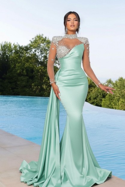 Designer Abendkleider Lang Grün | Abiballkleider mit Ärmel