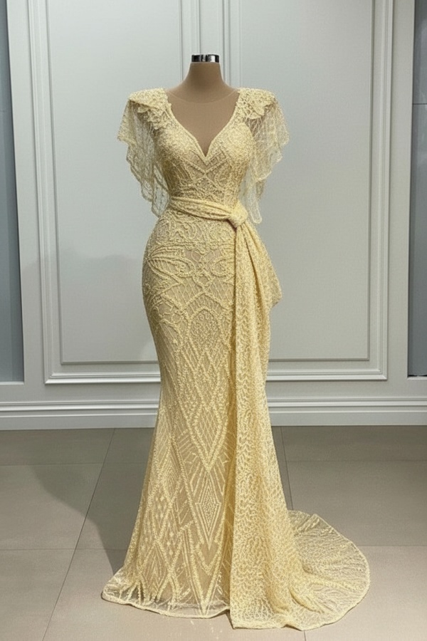 Elegante Abendkleider Lang Gold Spitze Abiballkleider mit Glitzer