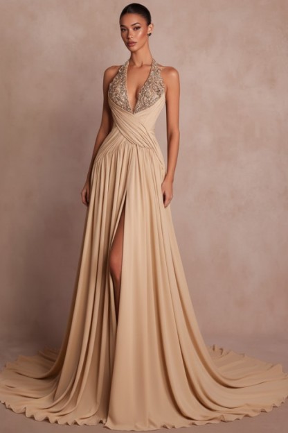 Elegante Abendkleider Lang Braun V Ausschnitt Ballkleider Chiffon