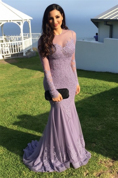 Schwarz Abendkleider Lang Ärmel Spitze Meerjungfrau Abendmoden Partykleider