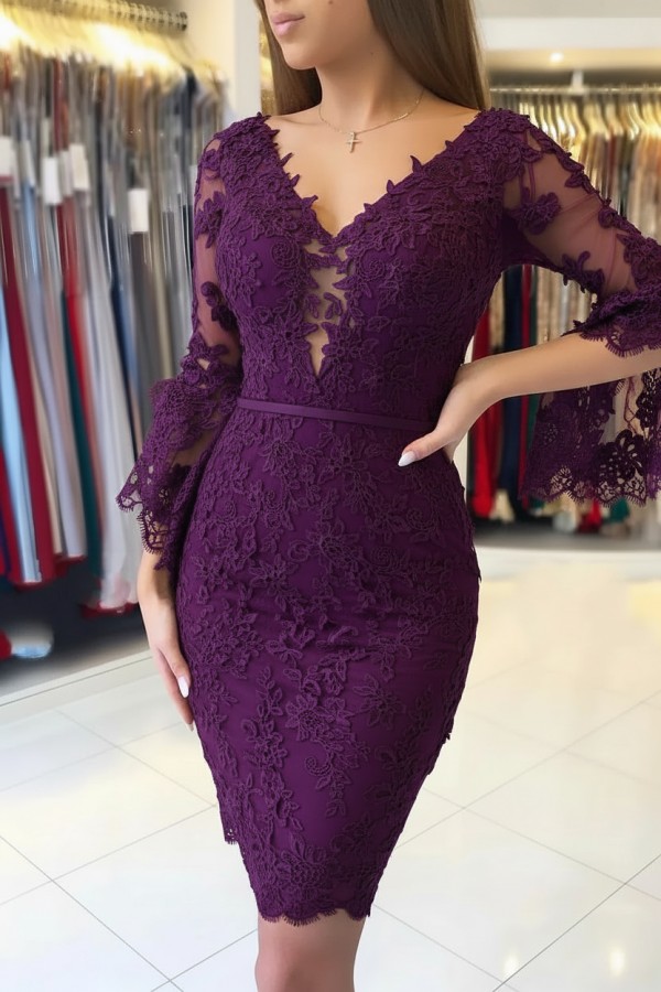 Elegante Purple Cocktailkleider Kurz | Spitze Abendkleider Mit Ärmel