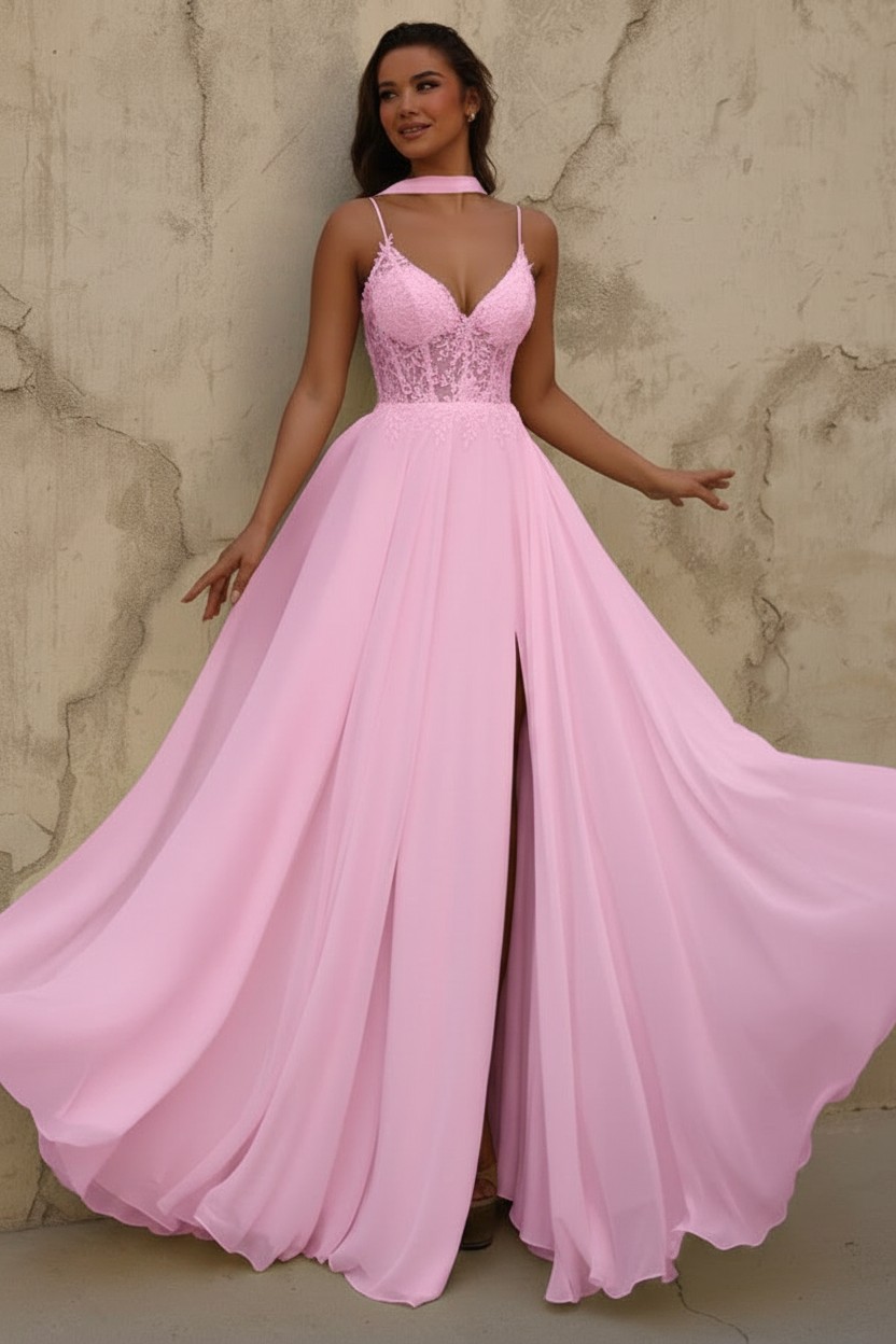 Gelb Abendkleid Lang Chiffon Schlicht Ballkleid mit Spitze
