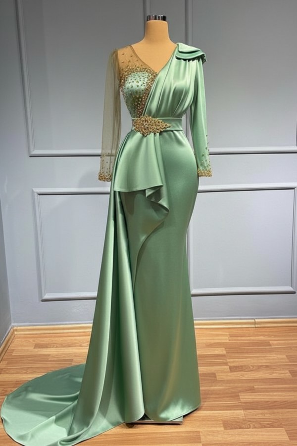 Olive Grün Abendkleider Mit Ärmel | Abiballkleider mit Glitzer