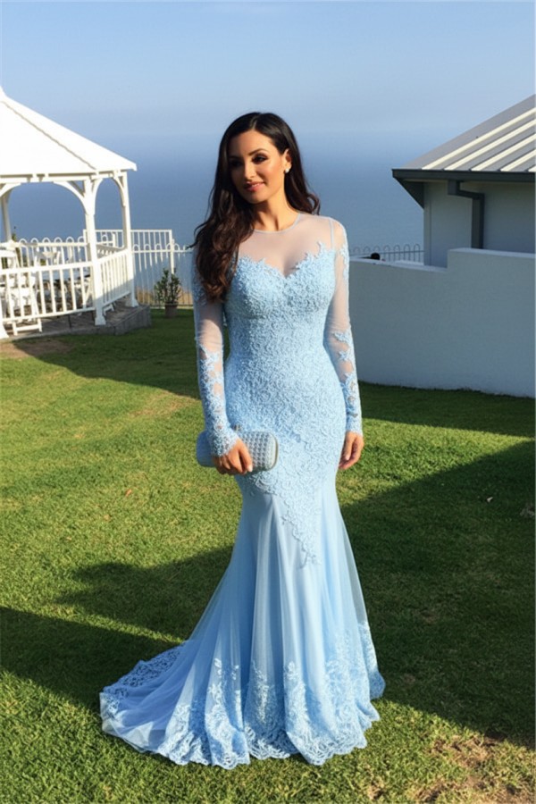 Schwarz Abendkleider Lang Ärmel Spitze Meerjungfrau Abendmoden Partykleider