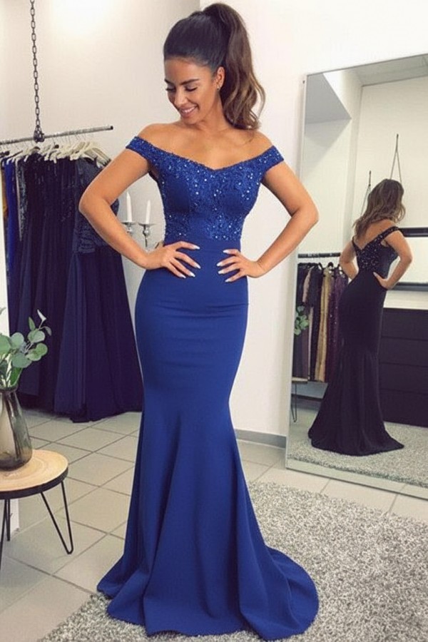 Navy Blau Spitze Abendkleid Abiballkleider | Abendkleider Lang Günstig Meerjungfrau
