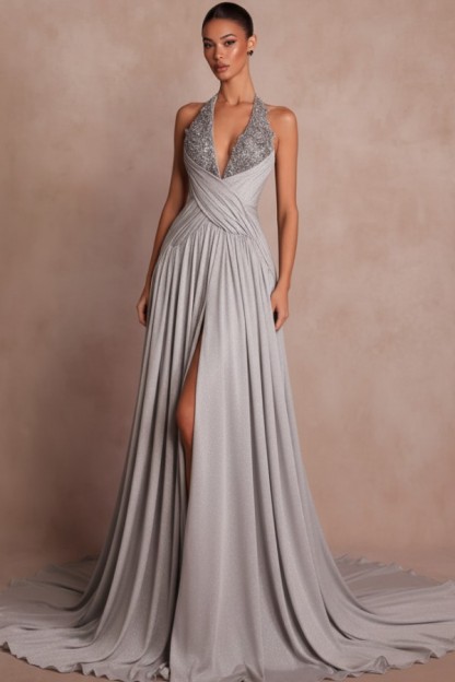 Elegante Abendkleider Lang Braun V Ausschnitt Ballkleider Chiffon