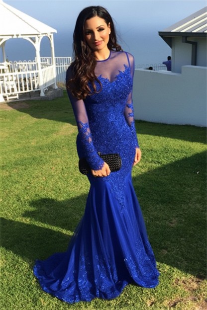 Schwarz Abendkleider Lang Ärmel Spitze Meerjungfrau Abendmoden Partykleider