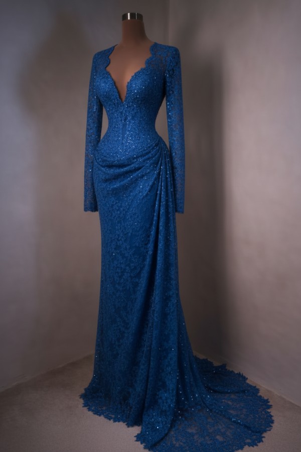 Elegante Abendkleider Lang Himmer Blau Ballkleider mit Ärmel