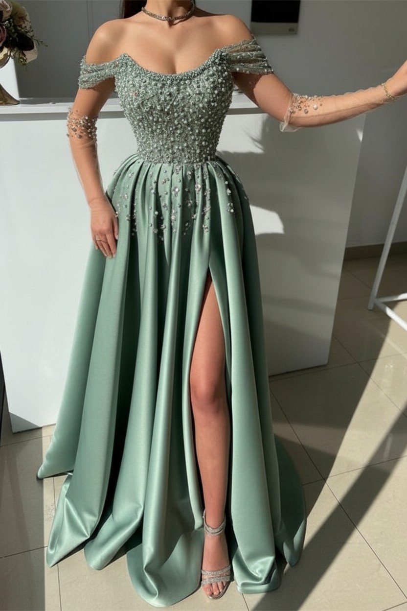 Luxus Abendkleider Lang Grün | Abiballkleider mit Glitzer