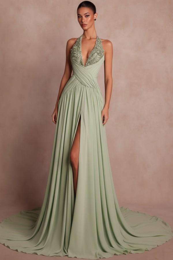 Elegante Abendkleider Lang Braun V Ausschnitt Ballkleider Chiffon