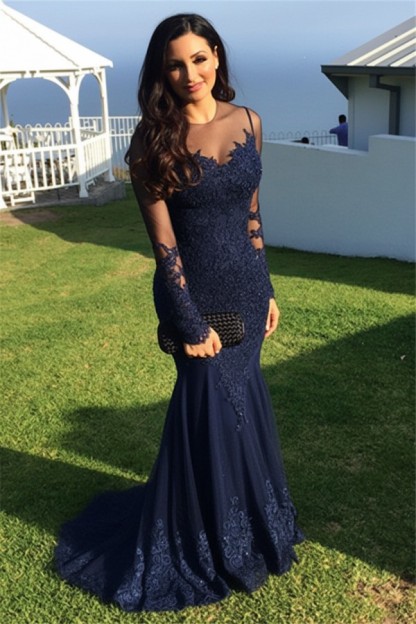 Schwarz Abendkleider Lang Ärmel Spitze Meerjungfrau Abendmoden Partykleider
