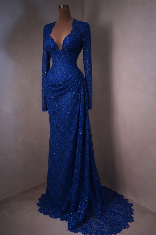 Elegante Abendkleider Lang Himmer Blau Ballkleider mit Ärmel