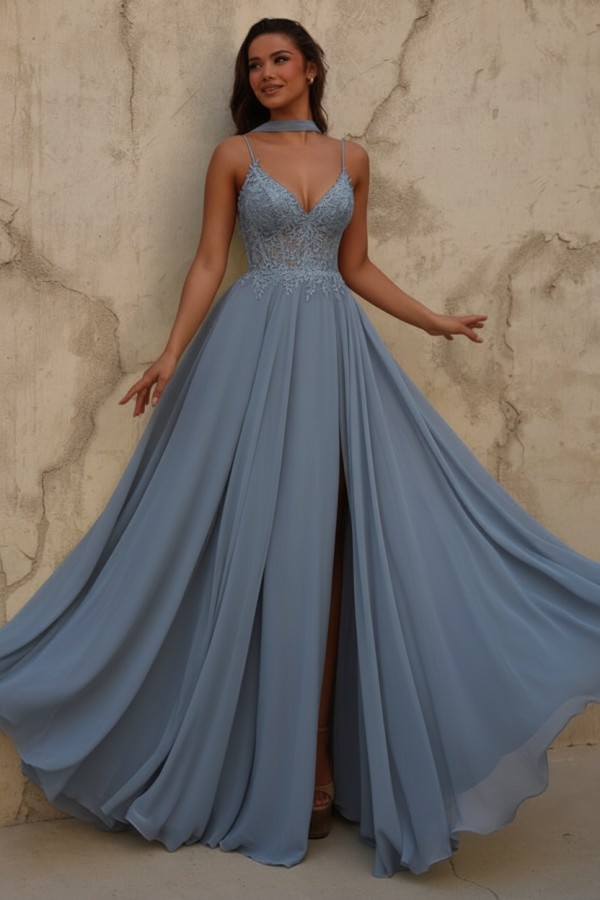 Gelb Abendkleid Lang Chiffon Schlicht Ballkleid mit Spitze
