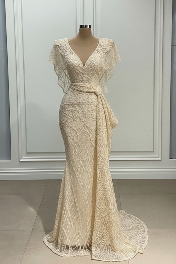 Elegante Abendkleider Lang Gold Spitze Abiballkleider mit Glitzer