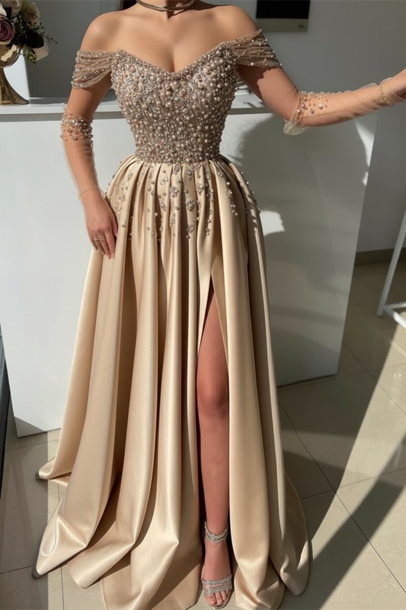 Schöne Abendkleider Lang Dusty Rosa | Abiballkleider mit Glitzer