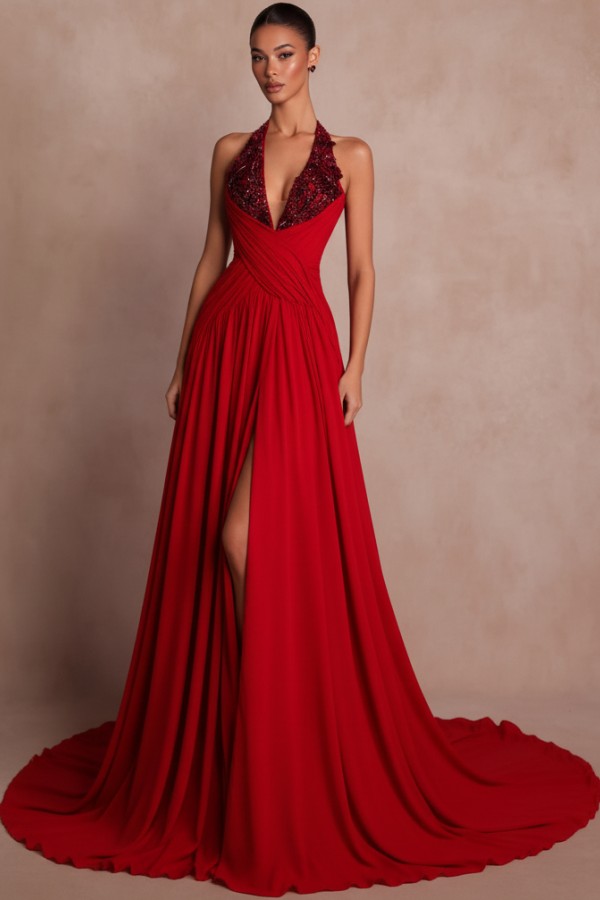 Elegante Abendkleider Lang Braun V Ausschnitt Ballkleider Chiffon