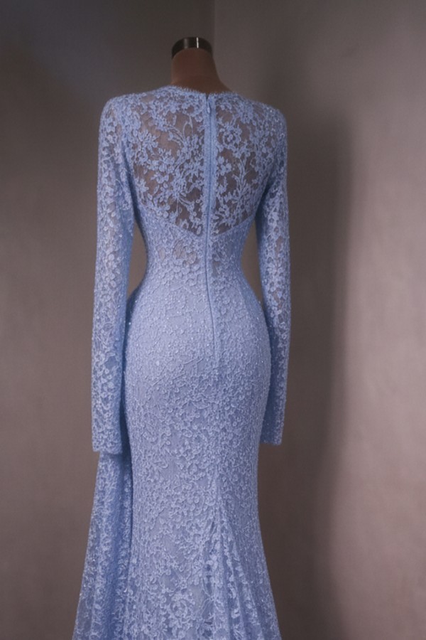 Elegante Abendkleider Lang Himmer Blau Ballkleider mit Ärmel