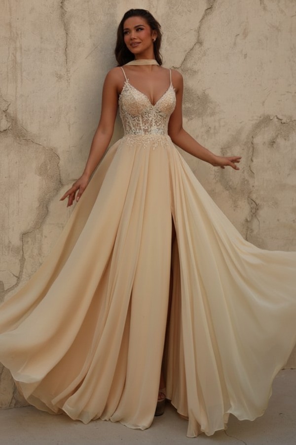 Gelb Abendkleid Lang Chiffon Schlicht Ballkleid mit Spitze