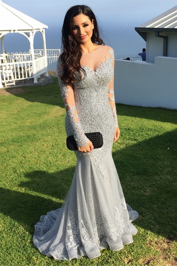 Schwarz Abendkleider Lang Ärmel Spitze Meerjungfrau Abendmoden Partykleider