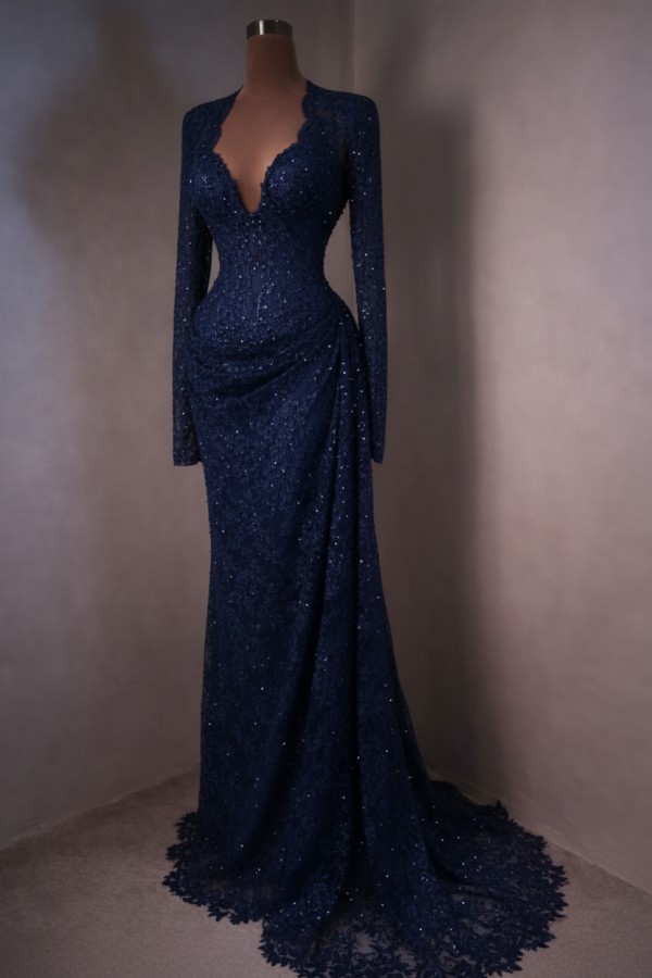 Elegante Abendkleider Lang Himmer Blau Ballkleider mit Ärmel