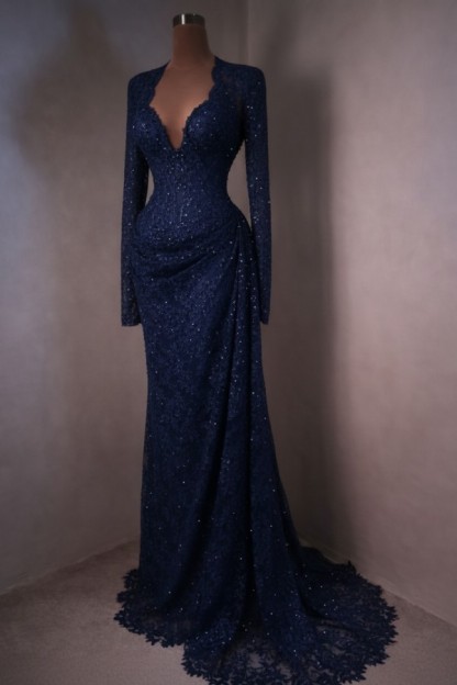 Elegante Abendkleider Lang Himmer Blau Ballkleider mit Ärmel