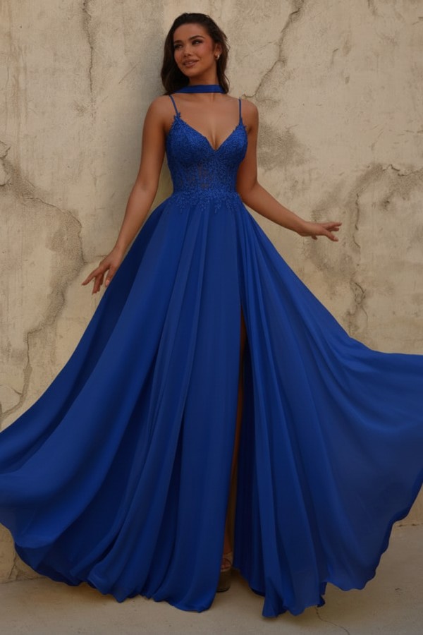 Gelb Abendkleid Lang Chiffon Schlicht Ballkleid mit Spitze