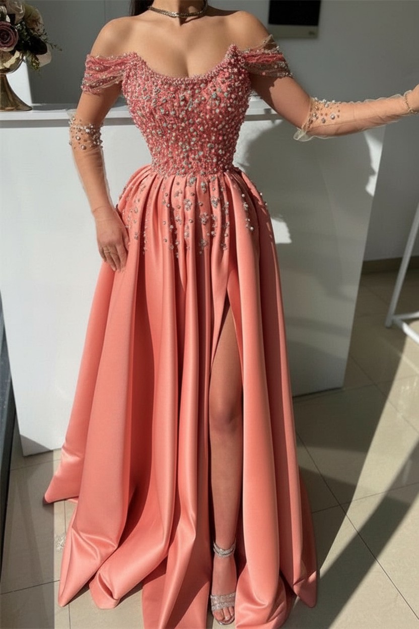 Schöne Abendkleider Lang Dusty Rosa | Abiballkleider mit Glitzer