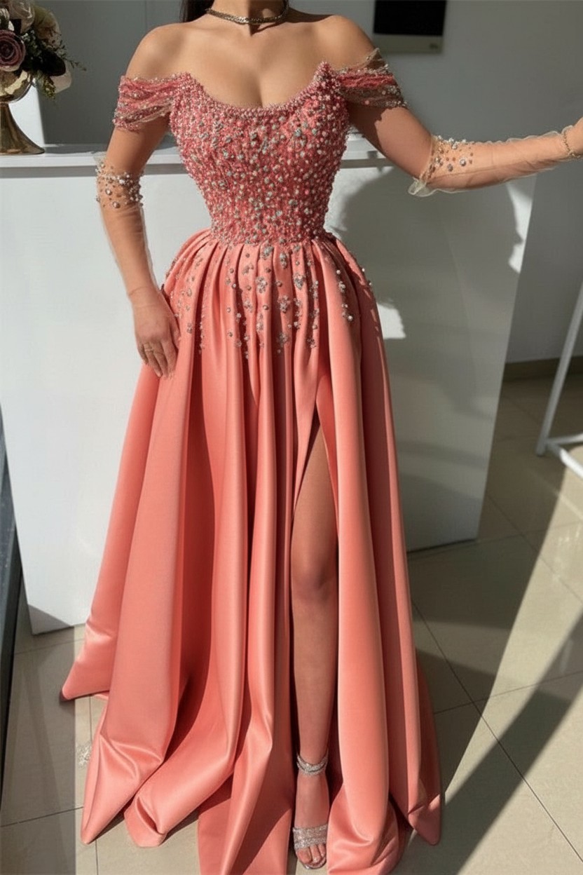 Schöne Abendkleider Lang Dusty Rosa | Abiballkleider mit Glitzer