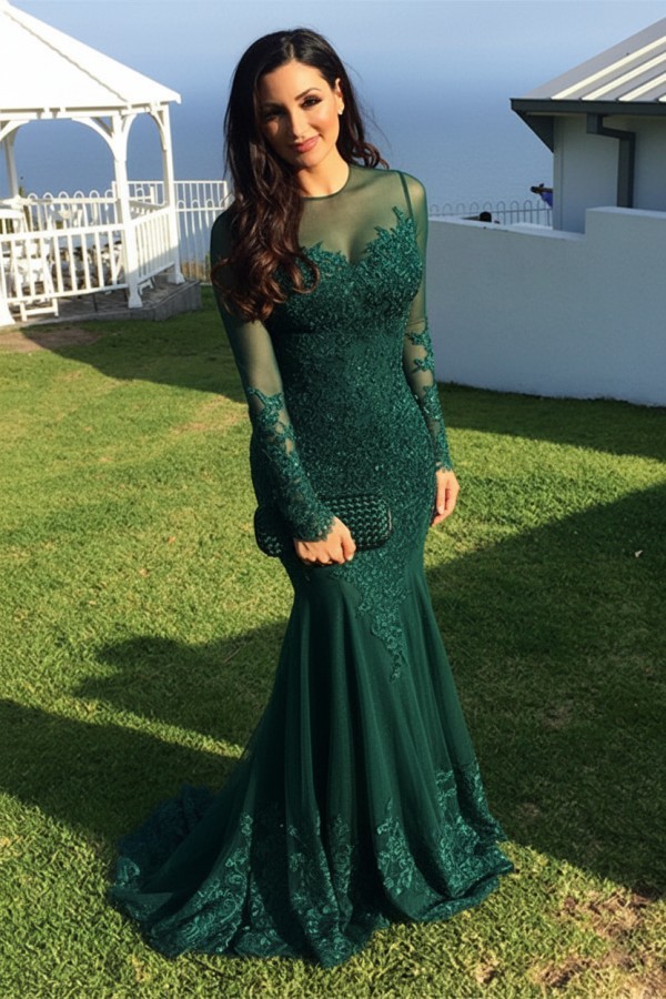 Schwarz Abendkleider Lang Ärmel Spitze Meerjungfrau Abendmoden Partykleider