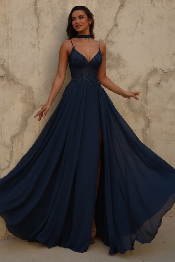 Gelb Abendkleid Lang Chiffon Schlicht Ballkleid mit Spitze