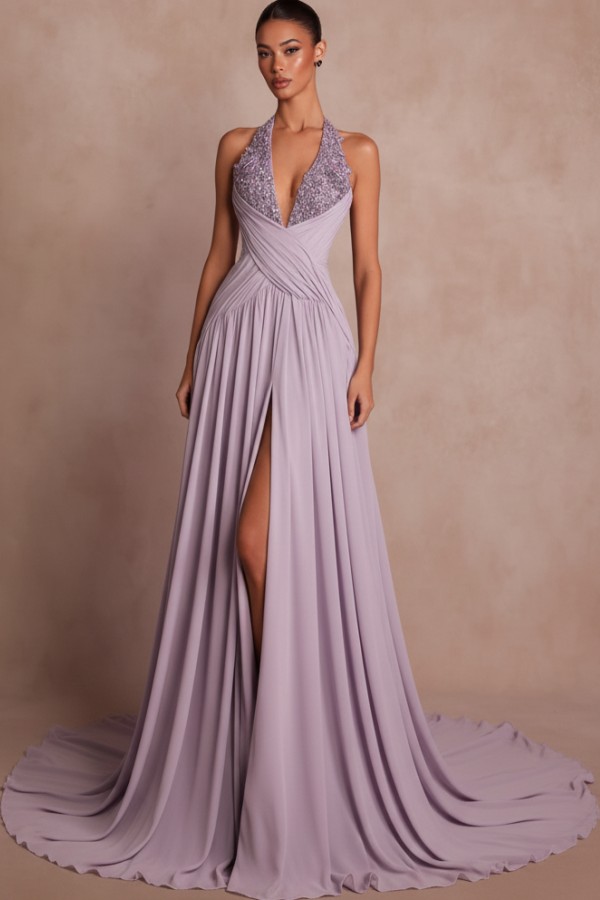 Elegante Abendkleider Lang Braun V Ausschnitt Ballkleider Chiffon