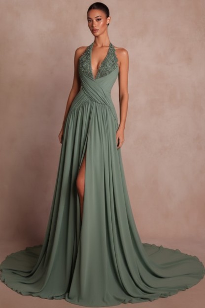 Elegante Abendkleider Lang Braun V Ausschnitt Ballkleider Chiffon