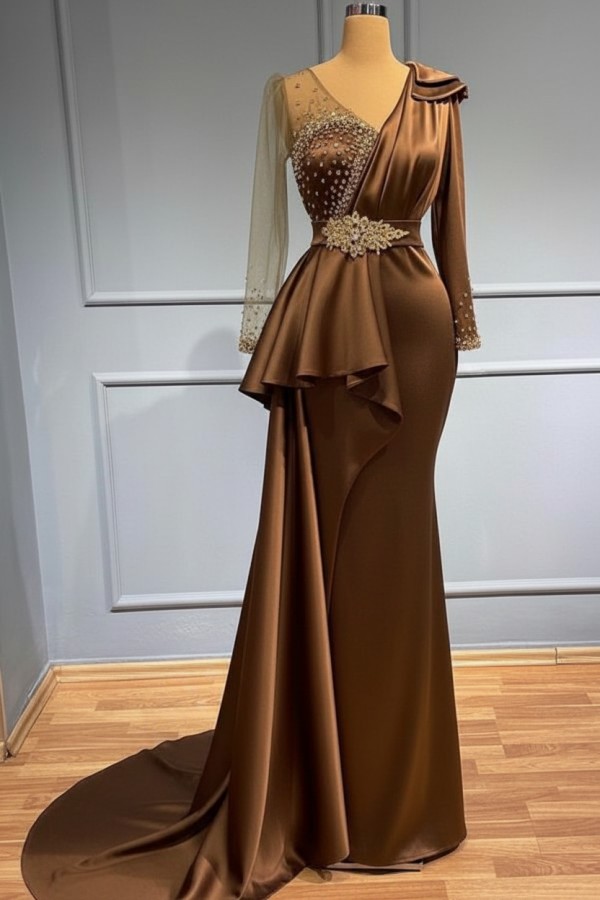 Olive Grün Abendkleider Mit Ärmel | Abiballkleider mit Glitzer