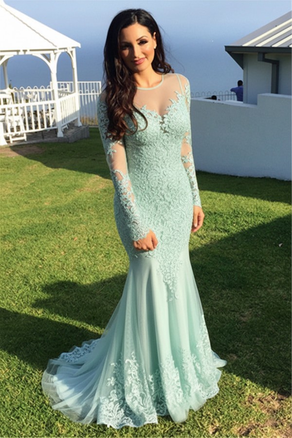 Schwarz Abendkleider Lang Ärmel Spitze Meerjungfrau Abendmoden Partykleider