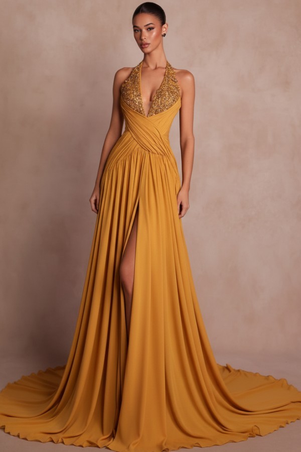 Elegante Abendkleider Lang Braun V Ausschnitt Ballkleider Chiffon