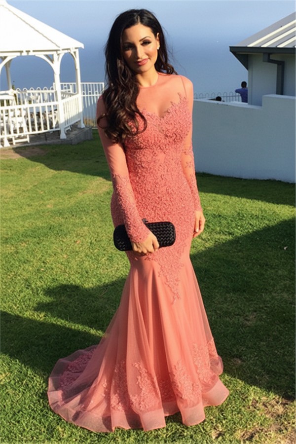 Schwarz Abendkleider Lang Ärmel Spitze Meerjungfrau Abendmoden Partykleider