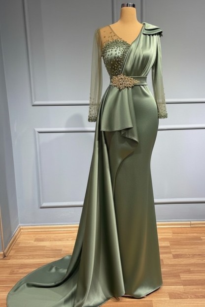 Olive Grün Abendkleider Mit Ärmel | Abiballkleider mit Glitzer